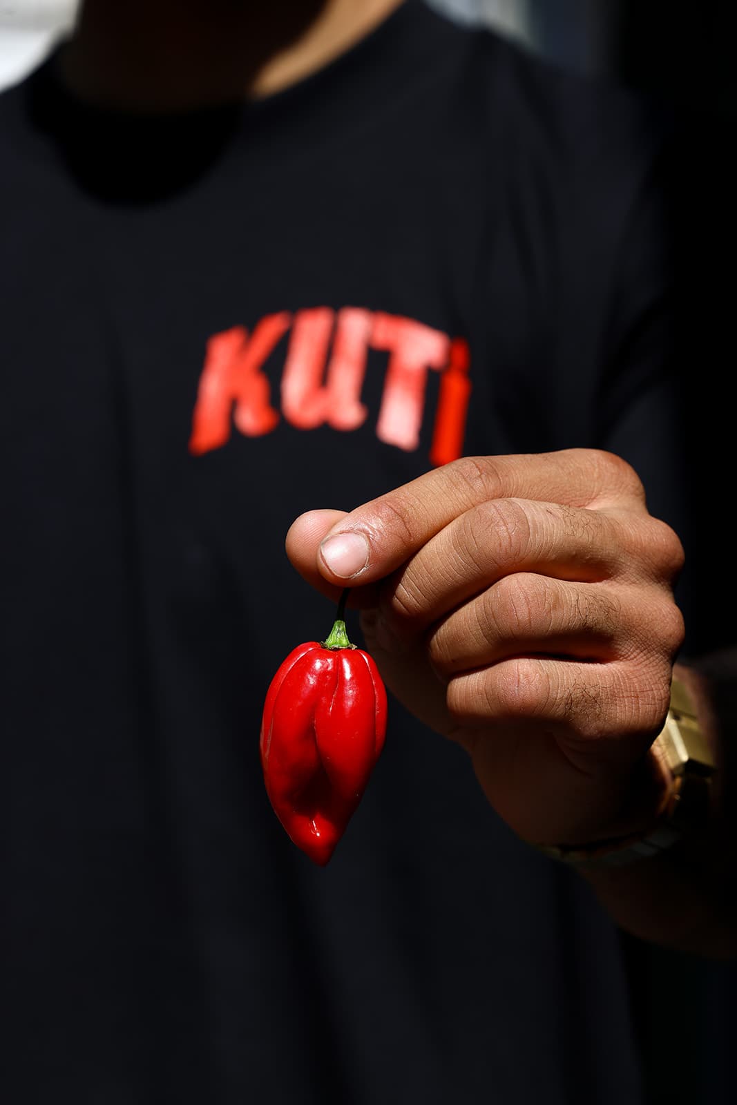 Membre de l'équipe KUTI en t-shirt de la marque tenant un piment habanero rouge